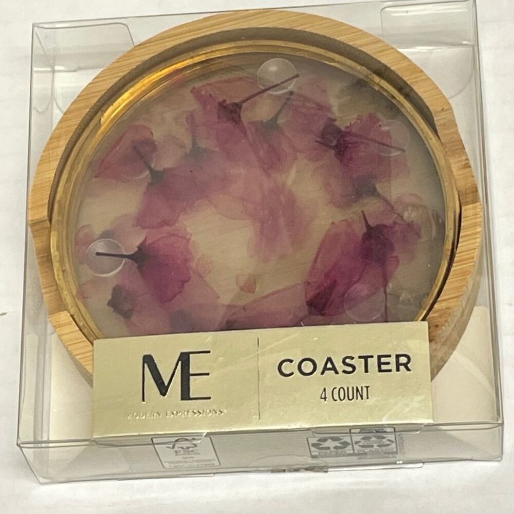 Modern Expressions - Painted Floral Coaster Set with Holder - Set of 4 - NEW